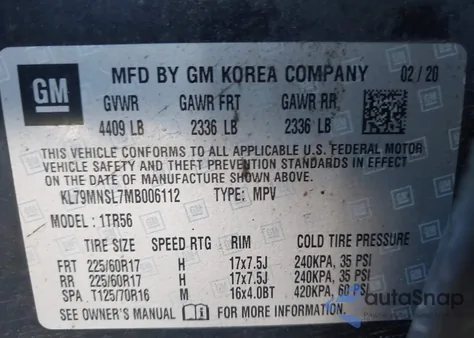 2021 Chevrolet Trailblazer Awd Ls from USA, damaged, VIN KL79MNSL7MB006112